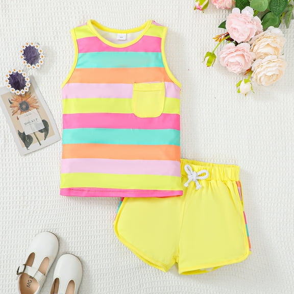 KIMI BEAR 3T Toddler Girls Outfit Set 4T Summer Clothing Ruffle Sleeveless Tank Top Rainbow Color Block Pullover Tops Solid Color Shorts 2pcs Clothing Yellow