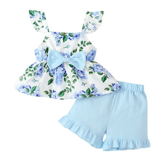 KIMI BEAR 3T Toddler Girls Outfits Sets 4T Toddler Girls Summer Clothing Sets Ruffle Sleeveless Top Bow Floral Top Solid Color Shorts Sets 2pcs Blue