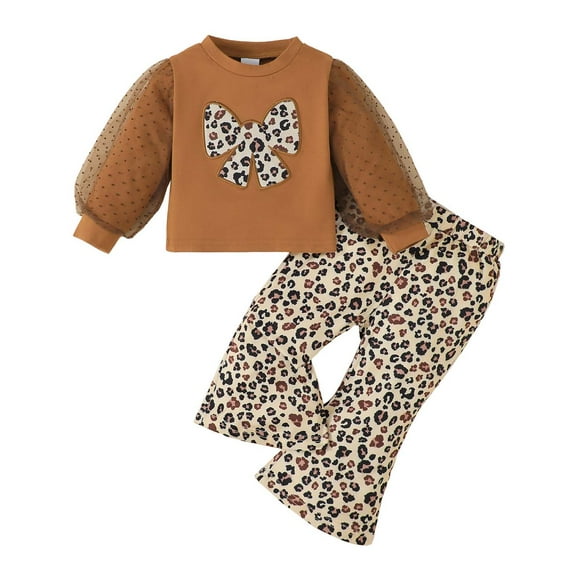 KIMI BEAR 3T Toddler Girls Pant Set 4T Kid Outfits Winter Mesh Long Sleeves Top Bowknot Print Pullover Sweatshirt Leopard Flared Pants 2pcs Casual Clothing White
