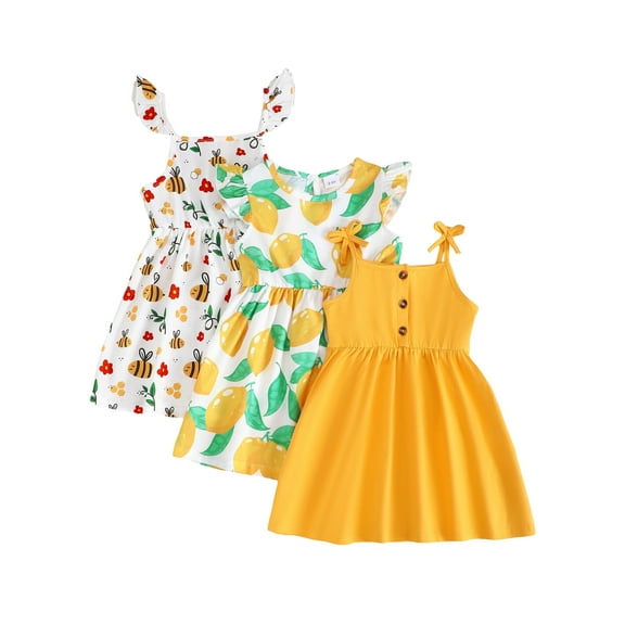 KIMI BEAR 3T Toddler Girls Summer Dress 4T Toddler Girls Sundress 3 Packs Sleeveless Halter A-line Dress Solid Color Pear Print Dress Floral Dress Beach Clothing Yellow