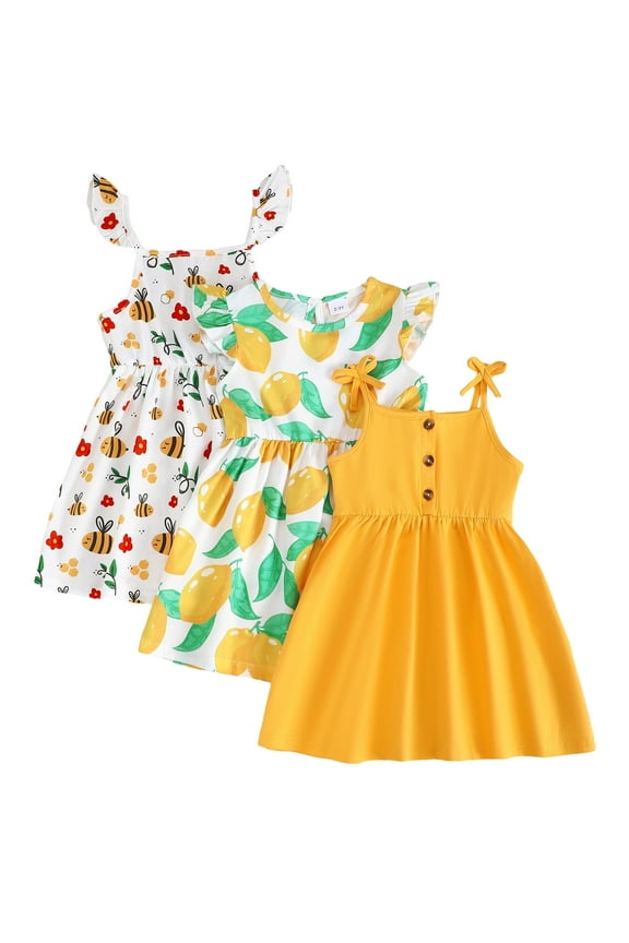 KIMI BEAR 3T Toddler Girls Summer Dress 4T Toddler Girls Sundress 3 Packs Sleeveless Halter A-line Dress Solid Color Pear Print Dress Floral Dress Beach Clothing Yellow
