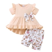 KIMI BEAR 3T Toddler Girls Summer Outfit Set 4T Child Girl Clothes Ruffle Short Sleeve Pullover Top Floral Shorts 2pcs Clothing Apricot 3-4T