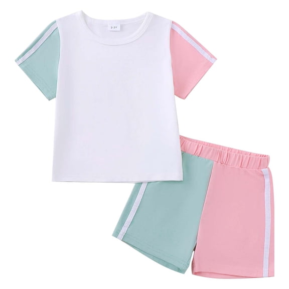 KIMI BEAR 3T Toddler Girls Summer Outfit Set 4T Child Girl Clothes Sets Short Sleeves Color Block T-shirt Top Shorts 2pcs Short Sets Clothing White
