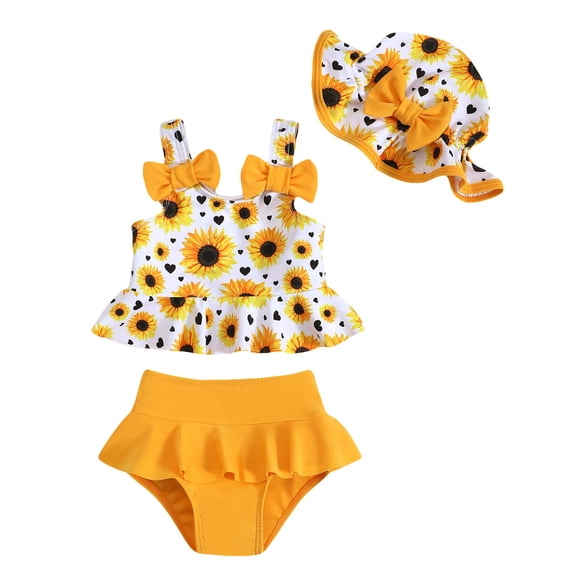 KIMI BEAR 3T Toddler Girls Swimsuit Set 4T Child Girl Swimwear UPF 50+ Sun Protection Ruffle Sleeveless Off the Shoulder Floral Top Solid Color Shorts Bottoms with Hat 3pcs Bathing Suit Yellow