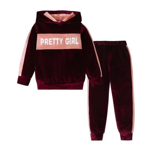 KIMI BEAR 3T Toddler Girls Winter Outfits 4T Toddler Gilrs Warm Furry Clothes Sets Long Sleeves Pullover Hoodie Sweatshirt Letter Color Block Hooded   Pants 2pcs Sets Red