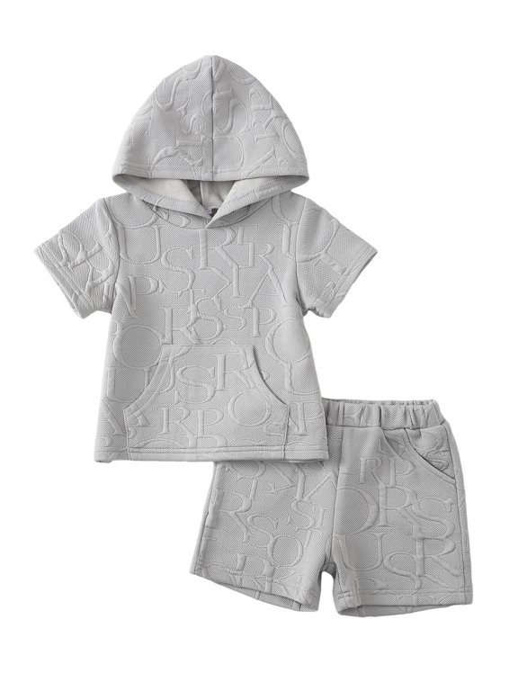 4T Toddler Boys Outfits 5T Summer Clothes Set Short Sleeves Hoodie T-shirt Top Solid Color Shorts with Pocket 2pcs Clothing Gray 4-5 Years