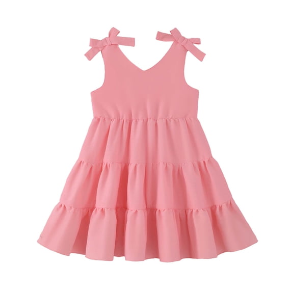 KIMI BEAR 4T Toddler Girls Dress 5T Child Girl Sundress Sleeveless Bowknot Off the Shoulder A-line Dresses Solid Color Clothing Pink