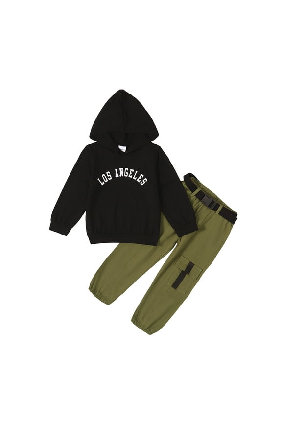 5T Little Boy Outfits 6T Little Boy Letter Pant Sets Fall Print Hoodie Long Sleeves Hooded Top Loose Pants Autumn Black