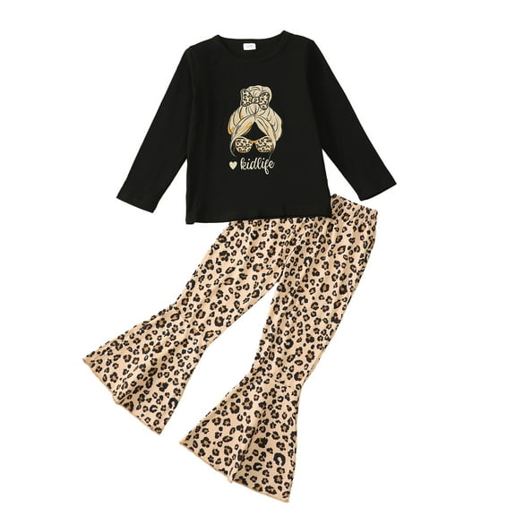 KIMI BEAR 5T Little Girls Pant Sets 6T Little Girls Fall Winter Outfits Long Sleeves Shirt Gilrs Print Top Flared Leopard Pants 2pcs Sets Black