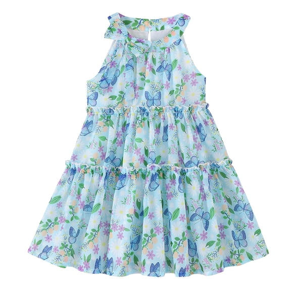KIMI BEAR 5T Little Girls Summer Dress 6T Child Girl Clothes Sleeveless Off the Shoulder Floral Dresses Bowknot Ombre Halter Dress Kids Casual Sundress Blue 5-6T