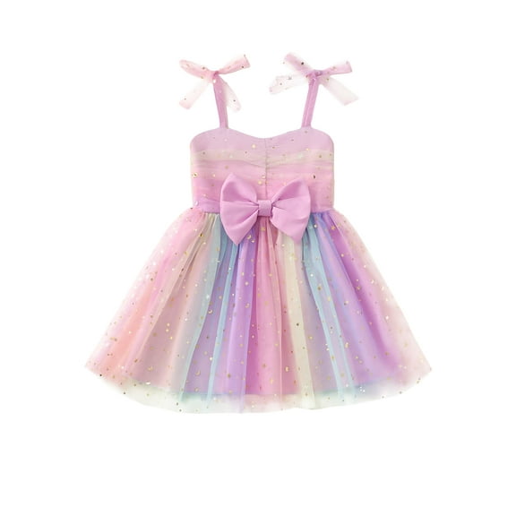KIMI BEAR 5Y Little Girls Princess Dress 6Y Summer Clothes Sleeveless Off-the-shoulder A-lin Tulle Dress Bow Party One-piece Overalls Purple 5-6 Years