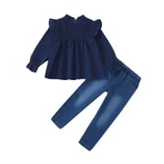 KIMI BEAR 5Y Little Girls Winter Outfits 6Y Little Girls Pant Sets Ruffle Long Sleeves Pullover Top Solid Color T-shirt Top Denim Pants Jeans 2pcs Clothing Sets Blue