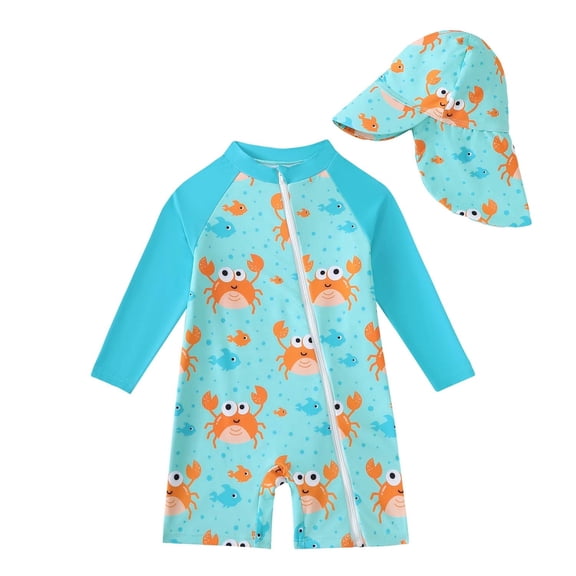 KIMI BEAR 6 Months Newborn Baby Boys One-piece Swimsuit 12 Months Swimwear Full Zipper UPF 50+ Sun Protection Crab Print One Piece Bathing Suit Rash Guard and Hat Beachwear Sunsuit Blue