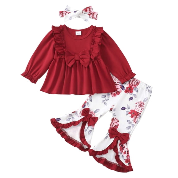 KIMI BEAR 6 Months Newborn Baby Girl Outfit Set 12 Months Winter Clothing Ruffle Long Sleeves Bowknot T-shirt Top Floral Flared Pants with Headband 3pcs Pant Sets Red
