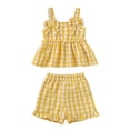 thumbnail image 1 of KIMI BEAR 6 Months Newborn Baby Girl Summer Outfit Set 12 Months Ruffle Sleeveless Off the Shoulder Plaid Top Shorts 2pcs Clothing Yellow, 1 of 9