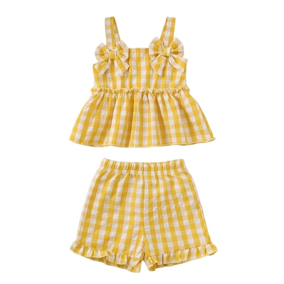 KIMI BEAR 6 Months Newborn Baby Girl Summer Outfit Set 12 Months Ruffle Sleeveless Off the Shoulder Plaid Top Shorts 2pcs Clothing Yellow