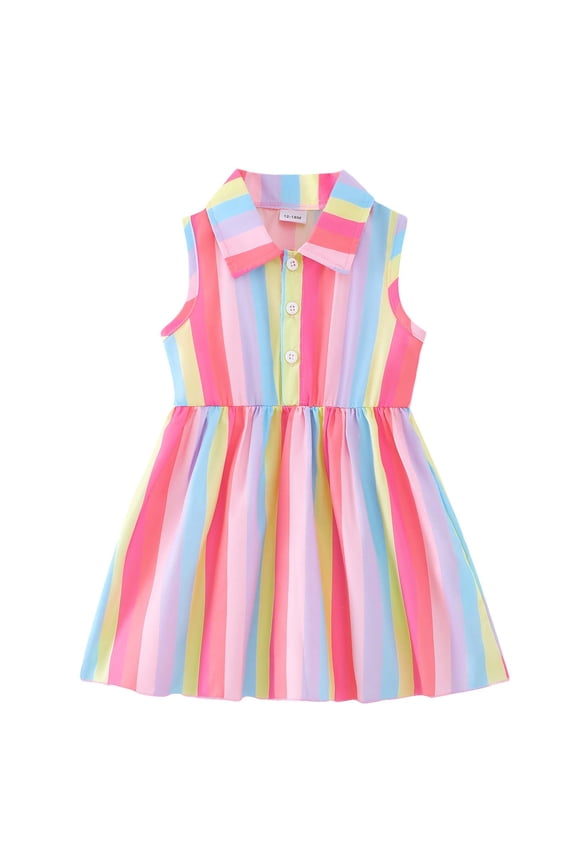 6 Months Newborn Baby Girls Summer Clothes 12 Months Girl Dress Sleeveless Striped Rainbow A-line Dresses One-piece Overalls Clothing Pink