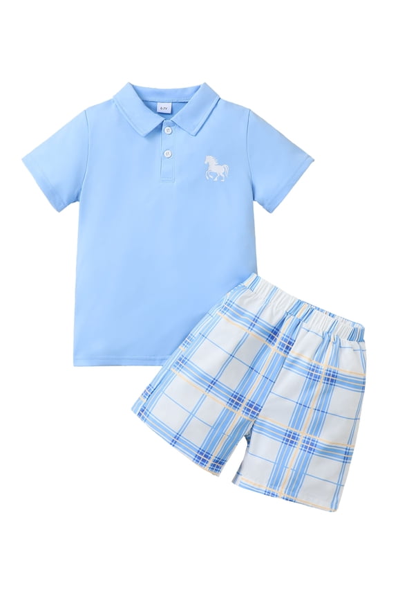 6 Years Little Boys Outfit Set 7 Years Kid Boy Clothes Short Sleeves Lapel Polo T-shirt Top Plaid Shorts 2pcs Casual Clothing Sets Blue 6-7T