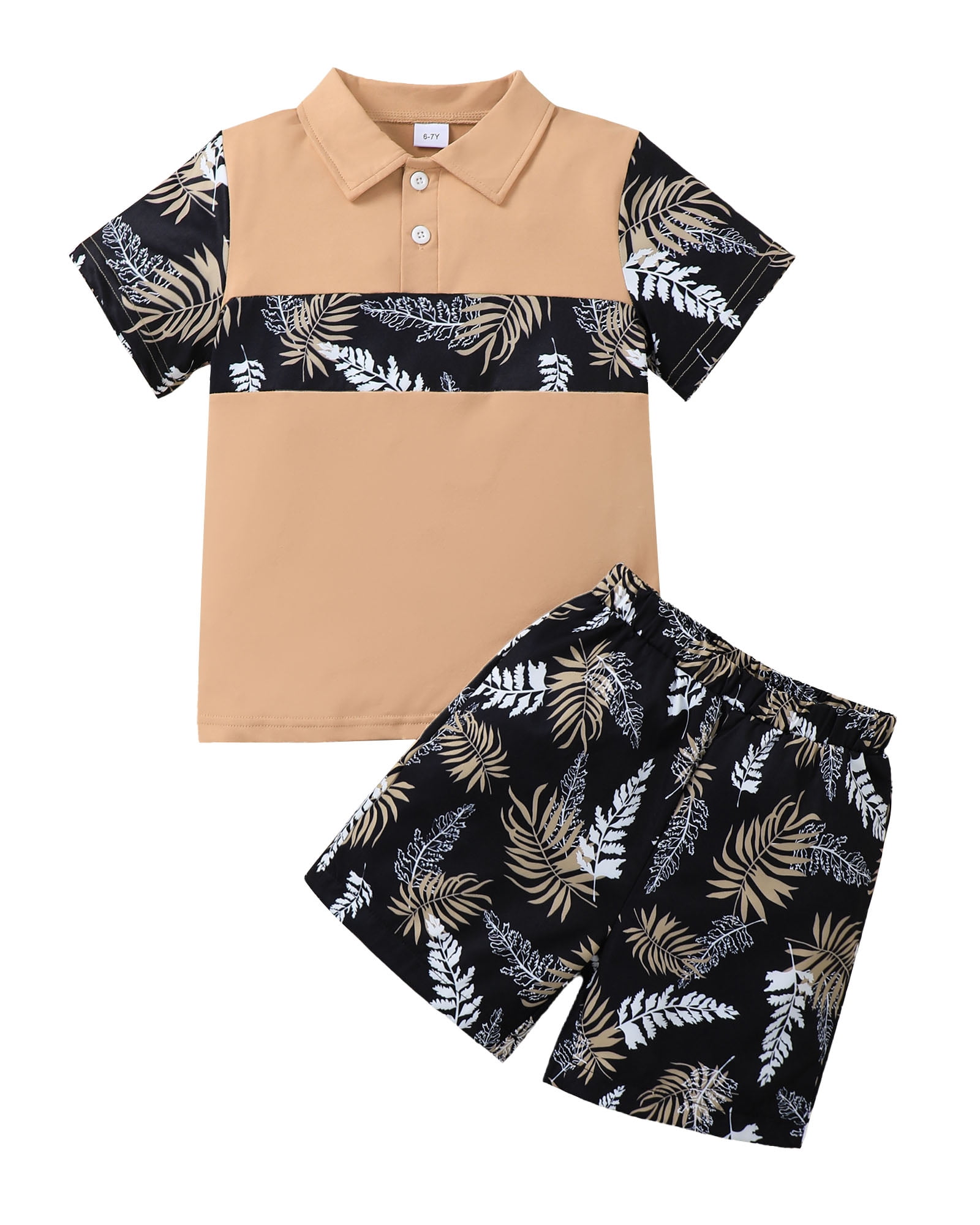 6T Little Boys Summer Outfit Set 7 Years Kid Boy Clothes Short Sleeves Button Front Pullover Top Color Block Polo Shirt Leaves Shorts 2pcs 6-7T