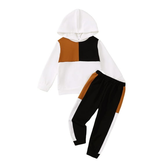 KIMI BEAR 6Y Little Boys Pant Sets 7Y Little Boys Fall Winter Outfits Long Sleeves Hoodie Sweatshirt Color Block Hooded Top Elastic Pants 2pcs Sets White