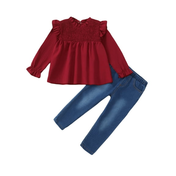 KIMI BEAR 6Y Little Girls Winter Outfits 7Y Little Girls Pant Sets Ruffle Long Sleeves Pullover Top Solid Color T-shirt Top Denim Pants Jeans 2pcs Clothing Sets Red