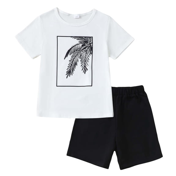 KIMI BEAR 7 Years Big Boys Outfit Set 8 Years Child Boy Summer Clothes Short Sleeves T-shirt Coconut Tree Print Top Solid Color Shorts 2pcs Clothing White