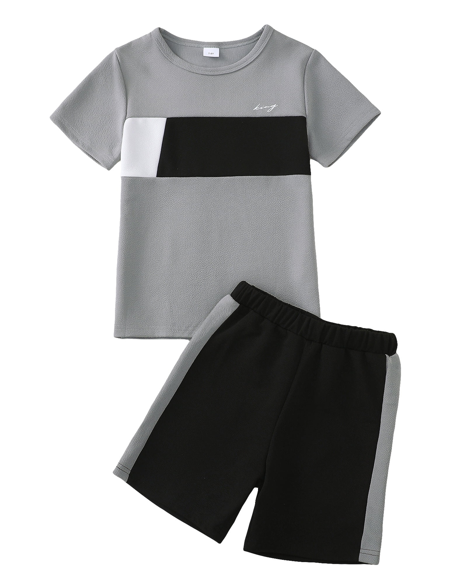 7 Years Big Boys Summer Clothes Set 8 Years Child Youth Kids Outfits Short Sleeves Color Block T-shirt Top Shorts Set 2pcs Clothing Gray