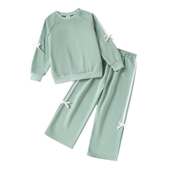 KIMI BEAR 7 Years Big Girl Outfits 8 Years Kid Clothes Sets Winter Long Sleeves Color Block Pullover Sweartshirt Top Sweatpants Warm Clothing 2pcs Pants Set Green
