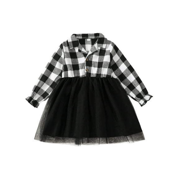 KIMI BEAR 7 Years Big Girls Dress 8 Years Big Girls Fall Winter Dress Lapel Long Sleeves One-piece Dress Plaid Tulle Dress Outwear Black