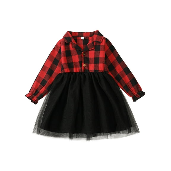 KIMI BEAR 7 Years Big Girls Dress 8 Years Big Girls Fall Winter Dress Lapel Long Sleeves One-piece Dress Plaid Tulle Dress Outwear Red