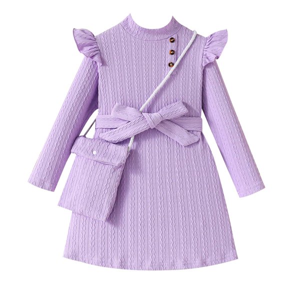 KIMI BEAR 7 Years Big Girls Dress 8 Years Kid Clothes Winter Ruffle Long Sleeves A-line Dresses Solid Color Ribbed Knit One-piece Overalls Sweet Outwear Clothing with Bag 2pcs Purple