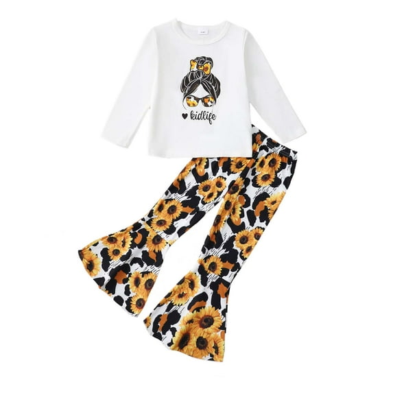KIMI BEAR 7T Big Girls Pant Sets Fall Winter Outfits 8T Big Girls Long Sleeves Shirt Top Daisy Flared Pants 2pcs Clothing Sets White