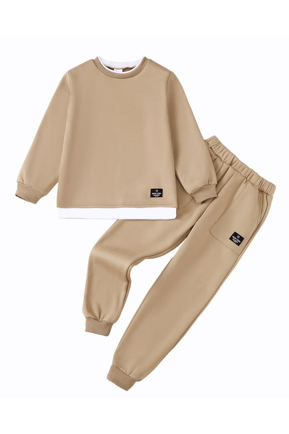 7Y Big Boys Winter Outfits 8Y Big Boys Warm Clothes Sets Long Sleeves Pullover Sweatshirt Patchwork Color Block Wadding Top + Pants 2PCs Clothing Sets Khaki