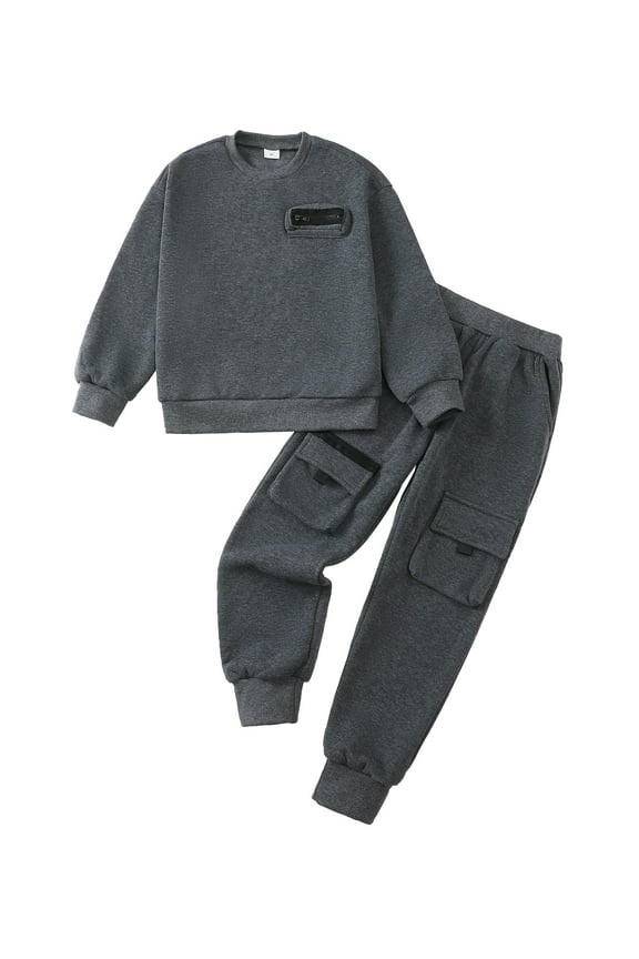 8T Big Boys Outfit Set 9T Child Clothing Set Long Sleeves Pullover Sweatshirt Top Pants Set 2pcs Warm Clothing Winter Outwear Gray