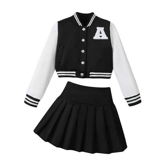 KIMI BEAR 9 Years Big Girls Skirt Sets 10 Years Big Girls Long Sleeves Jacket Coat Baseball Uniform Pleated Skirt 2pcs Outfits Loose Sports Sets Fall-winter Black