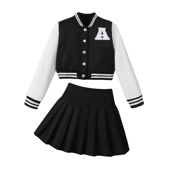 KIMI BEAR 9 Years Big Girls Skirt Sets 10 Years Big Girls Long Sleeves Jacket Coat Baseball Uniform Pleated Skirt 2pcs Outfits Loose Sports Sets Fall-winter Black