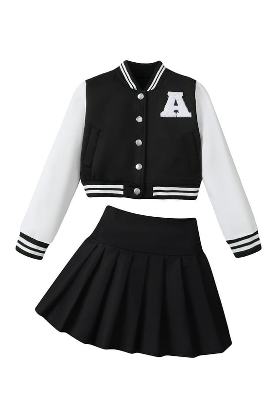 9 Years Big Girls Skirt Sets 10 Years Big Girls Long Sleeves Jacket Coat Baseball Uniform Pleated Skirt 2pcs Outfits Loose Sports Sets Fall-winter Black