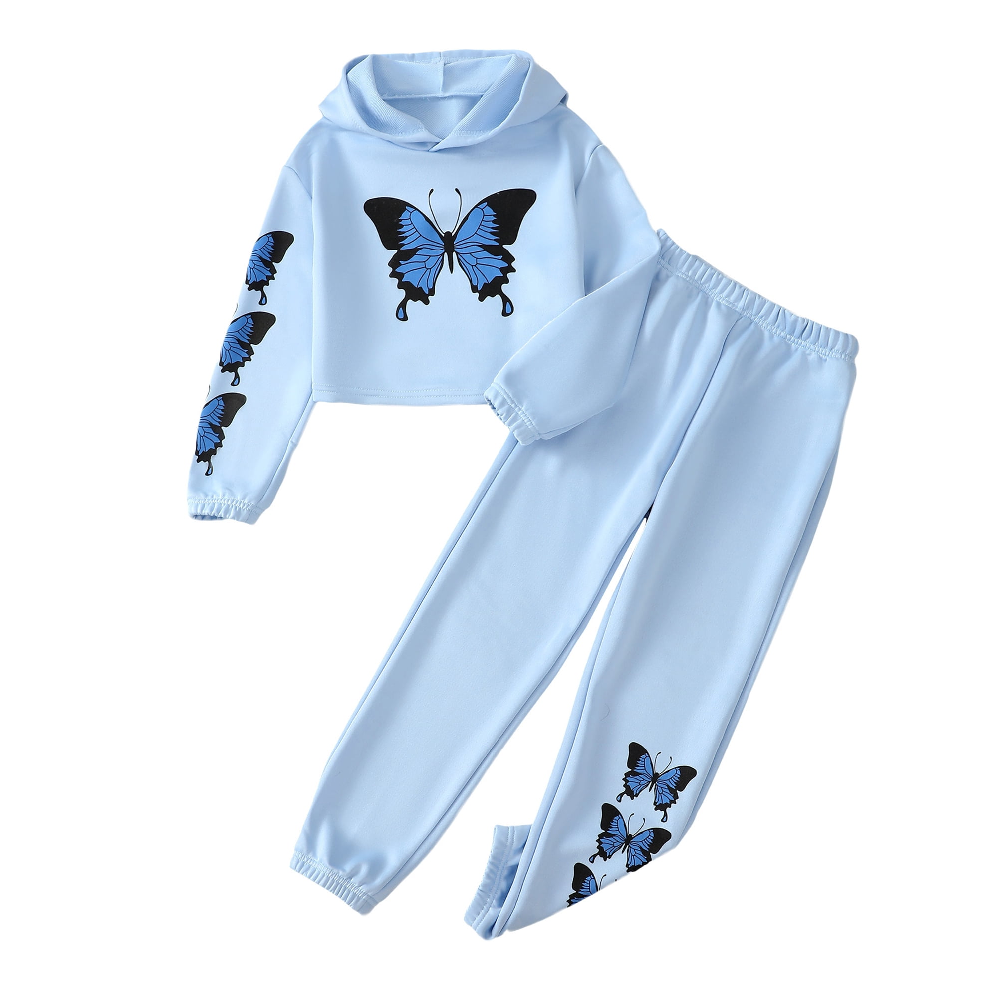 KIMI BEAR 9 Years Big Girls Winter Outfits 10 Years Girls Warm Clothes Sets Long Sleeves Hoodie Sweatshirt Butterfly Print Short Hooded Top Sweatpants 2pcs Pant Sets Blue