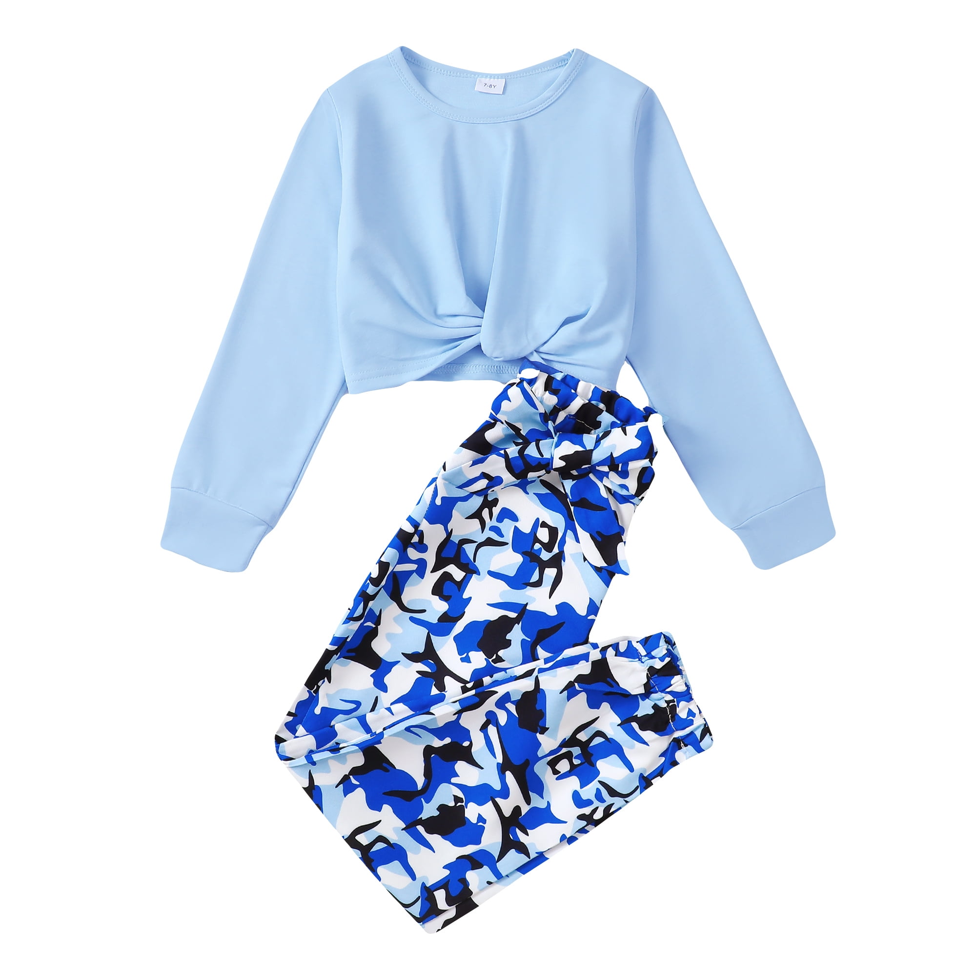 9 years Big Girls Winter Outfits 10 Years Big Girls Warm Clothes Sets Long Sleeves Pullover Top Twist Top Solid Color T-shirt Camouflage Pants 2pcs Pant Sets Blue