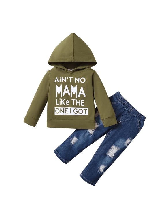 Baby Boys Outfits 18 Months Infant Boy Fall Winter Outfits 24 Months Newborn Boy AiN'T NO MAMA LiKe THE ONE I GOT Prints Long Sleeve Hoodie + Ripped Denim Pants 2PCS Set Green
