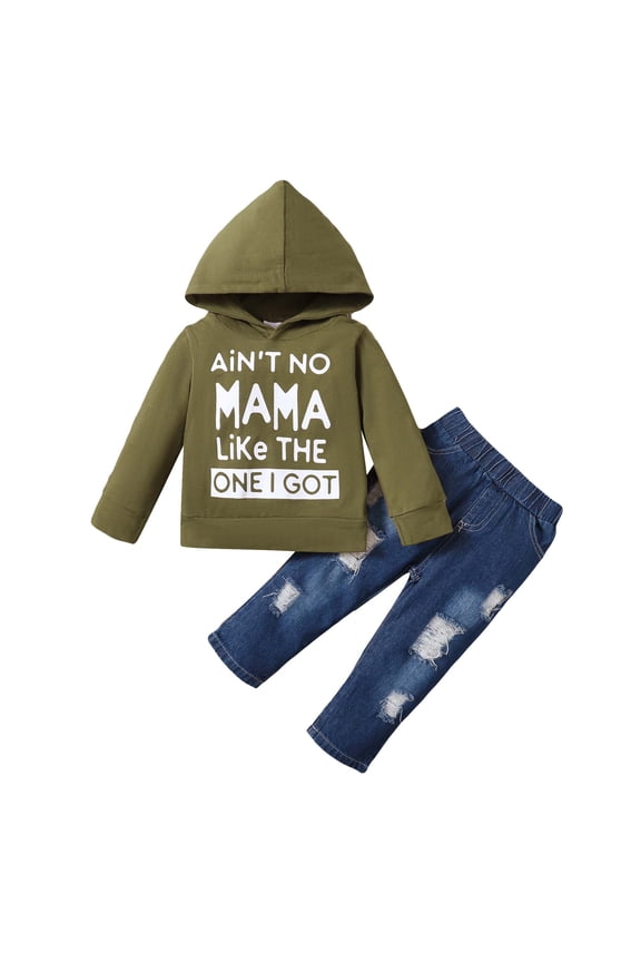 Baby Boys Outfits 18 Months Infant Boy Fall Winter Outfits 24 Months Newborn Boy AiN'T NO MAMA LiKe THE ONE I GOT Prints Long Sleeve Hoodie + Ripped Denim Pants 2PCS Set Green
