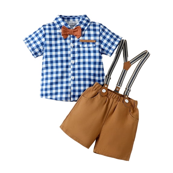 KIMI BEAR Baby Boys Outfits 18 Months Infant Boy Spring Summer Outfits 24 Months Infant Boy Lattice Prints Short Sleeve Lapel Shirt + Suspender Shorts 2PCS Set Royal Blue