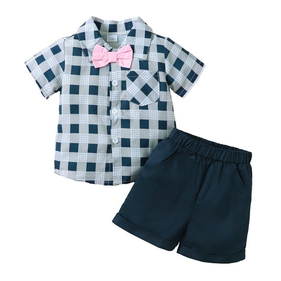 KIMI BEAR Baby Boys Shorts Outfits 3T Toddler Boys Spring Summer Clothes Casual Checked Print Lapel Short Sleeve Top Shorts 2PCs Set 3-4T, Royal Blue
