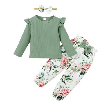 KIMI BEAR Baby Girls Outfits 12 Months Infant Girl Fall Winter Outfits 18 Months Infant Girl Solid Color Long Sleeve Pit Stripe Pull-Over   Floral Pants   Headband 3PCS Set Green