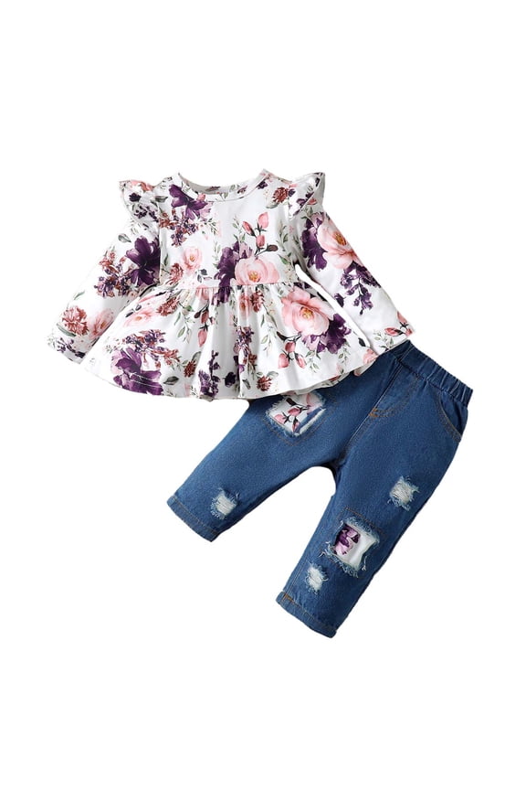 Baby Girls Outfits 3 Months Infant Girl Fall Winter Outfits 6 Months Infant Girl Big Floral Prints Long Sleeve Peplum + Floral Panel Ripped Jeans 2PCS Set White