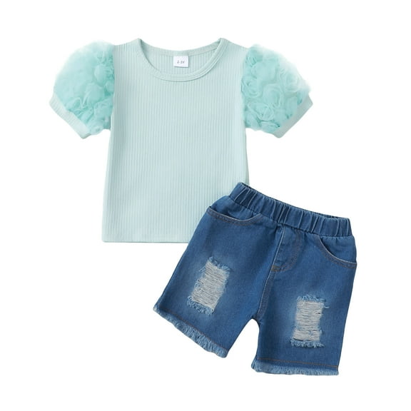 KIMI BEAR Big Girls Pant Sets Summer 7-8 Years Big Girls Clothing Sets Round Neck Puff Short Sleeves Top Ripped Denim Shorts 2pcs Outfits Summer Green