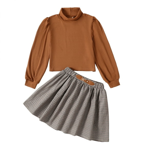 KIMI BEAR Big Girlss Outfits 7T Big Girls Fall Winter Skirts Outfits Sets 8T Stand Collar Pure Color Long Sleeve Pull-Over + Pleated Skirts 2PCS Set Brown