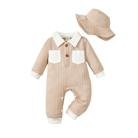 KIMI BEAR Infant Baby Boys Bodysuits 12-18 Months Winter Warm Clothes Lapel Long Sleeves Knit Romper Two Pockets Color Block Jumpsuits with Hat 2pcs Apricot
