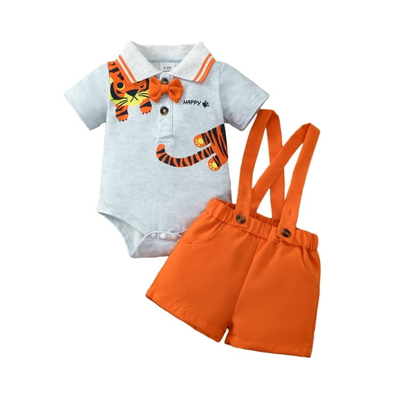 KIMI BEAR Infant Baby Boys Outfits 12-18 Months Summer Clothes Set Bow Tigger Print Romper Top Solid Color Suspender Shorts Sets 2pcs Orange