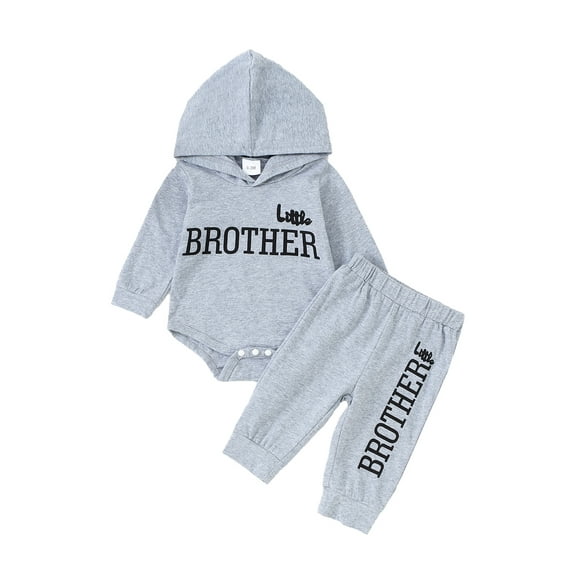 KIMI BEAR Infant Baby Boys Pant Sets 12-18 Months Fall Winter Outfits Letter Print Hoodie Sweatshirt Long Sleeves Hooded Romper + Pants 2pcs Gray